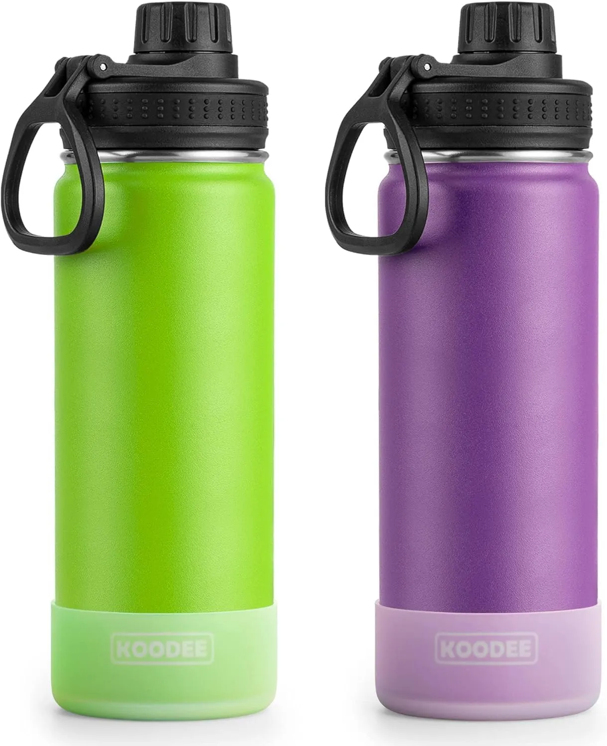 koodee Water Bottle 2 Pack-22 oz Stainless Steel Insulated Sports Metal Water Bottle-Double Wall Vacuum Flask with Leakproof Spout Lid (Apple Green-Purple)