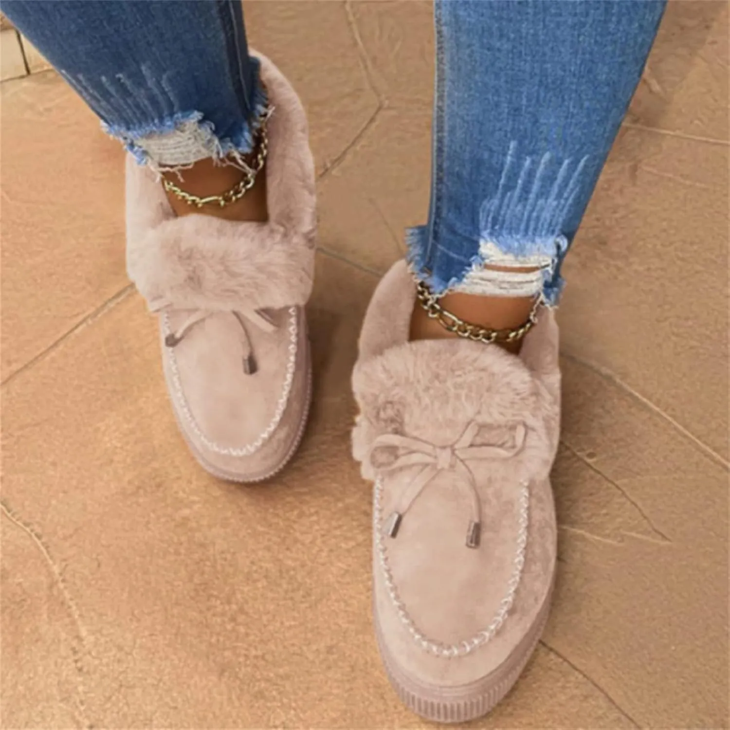Lausiuoe Winter Boots For Women 2022 With Fur Ankle Booties Slip On Comfortable Casual Snow Fuzzy Walking Shoes Loafers