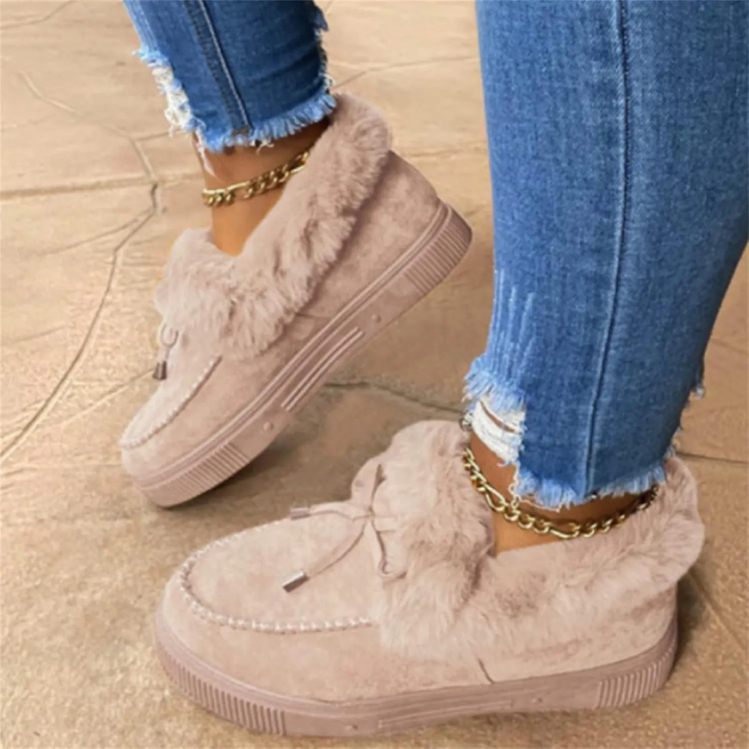 Lausiuoe Winter Boots For Women 2022 With Fur Ankle Booties Slip On Comfortable Casual Snow Fuzzy Walking Shoes Loafers
