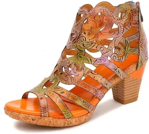Leahter Heeled Sandals Women Sandals with Heel Summer Open Toe Chunky Heel Sandals Shoes Block High Heel Dress Sandals Lace-up Sandals Handmade Retro High-Heeled Sandals Colorful Flower Vintage