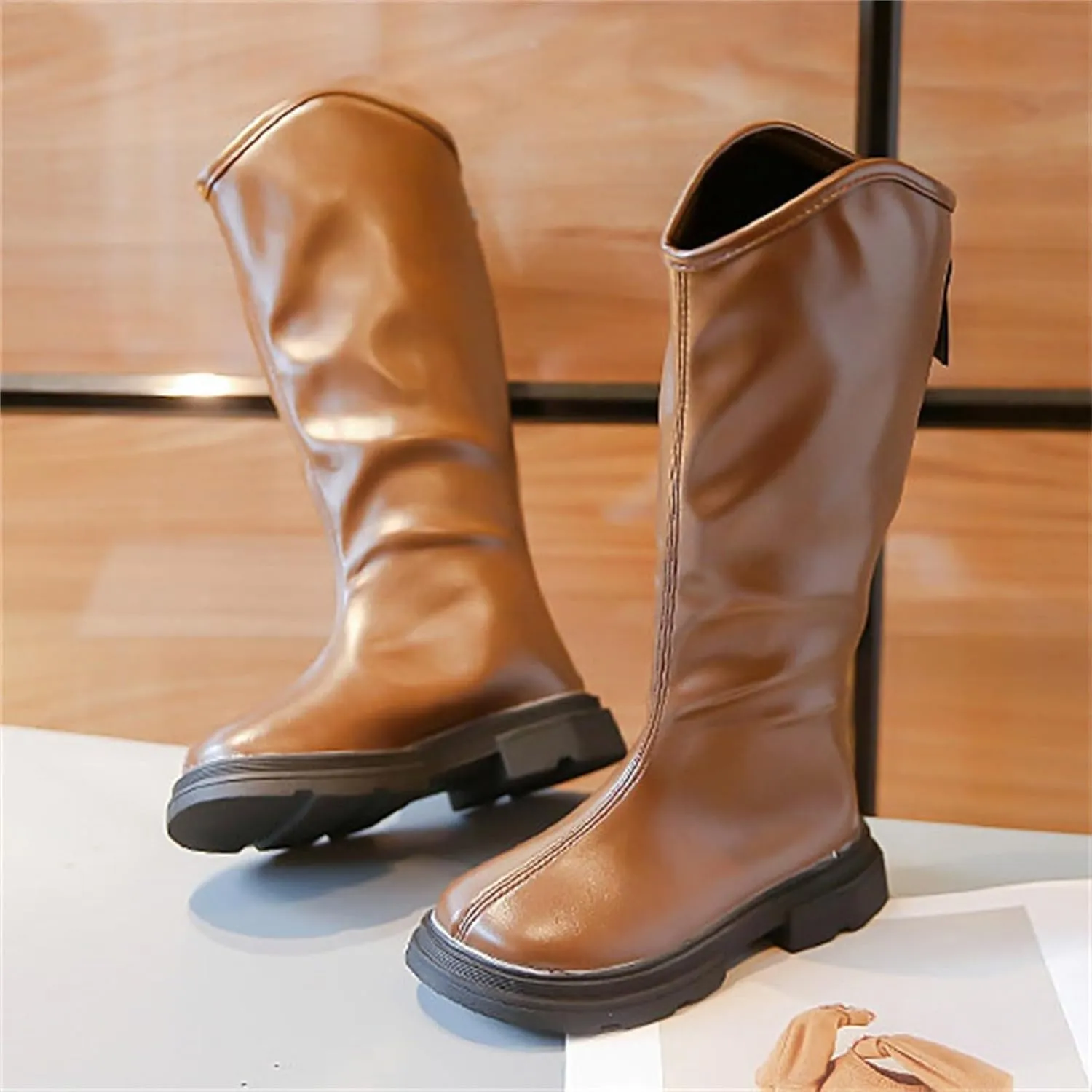 Leather Soft Long Boots For Childrens Boys Girls Kids 𝐖aterproof Sole Non Slip 𝗟ow Heel Shoes Outdoor Comfy Fashion