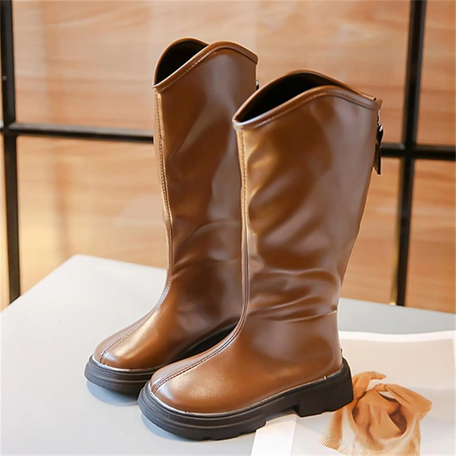 Leather Soft Long Boots For Childrens Boys Girls Kids 𝐖aterproof Sole Non Slip 𝗟ow Heel Shoes Outdoor Comfy Fashion
