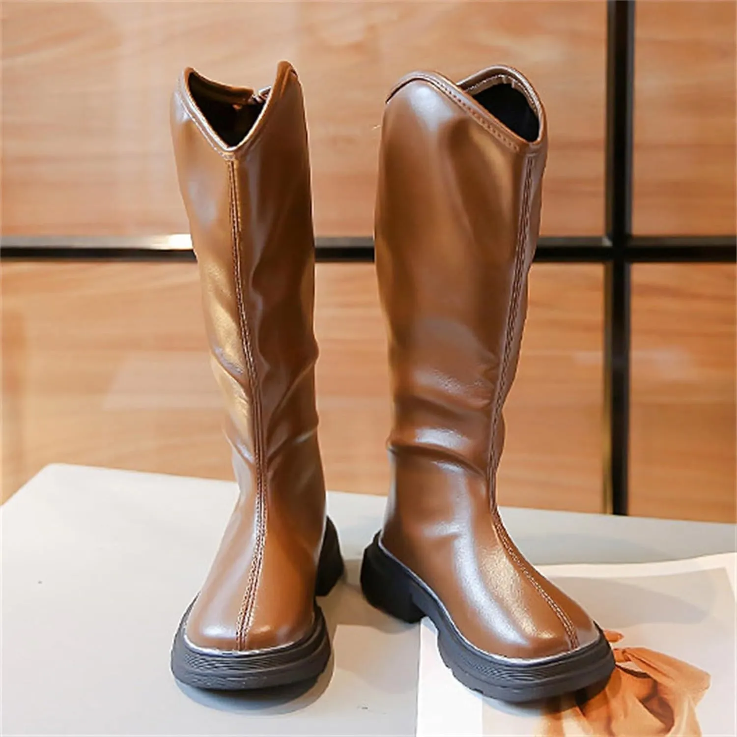 Leather Soft Long Boots For Childrens Boys Girls Kids 𝐖aterproof Sole Non Slip 𝗟ow Heel Shoes Outdoor Comfy Fashion
