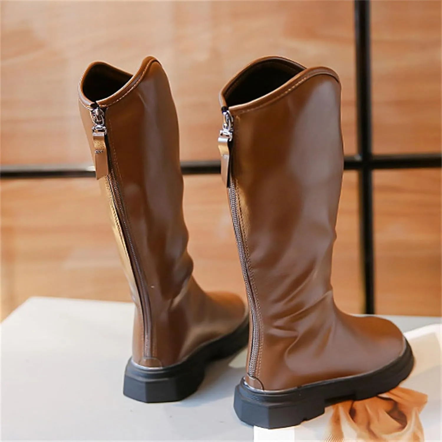 Leather Soft Long Boots For Childrens Boys Girls Kids 𝐖aterproof Sole Non Slip 𝗟ow Heel Shoes Outdoor Comfy Fashion