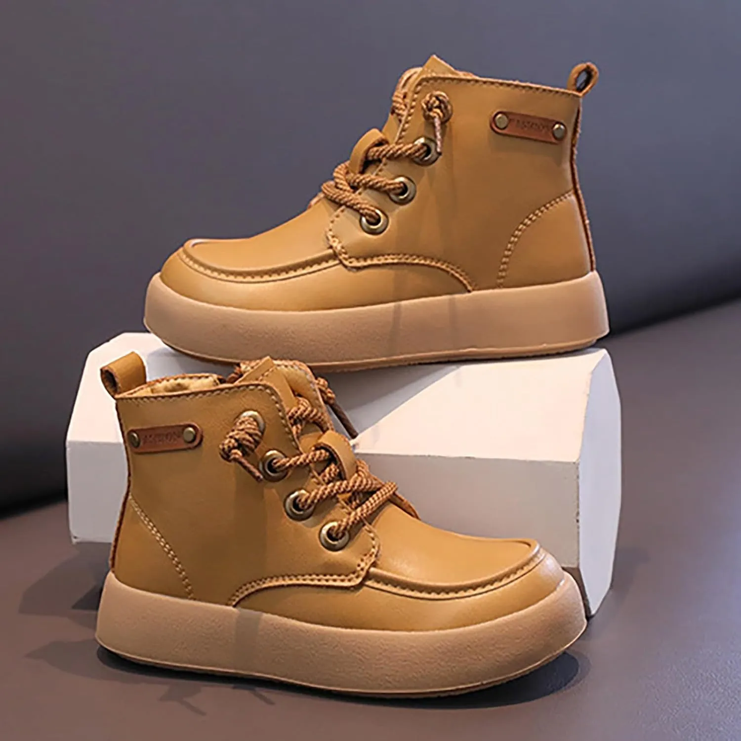 Leather Soft Snow Booties For Boys Kids Lace-Up Outdoor Sport Boots Shoes Fashion Casual 𝐖aterproof Flat Shoes