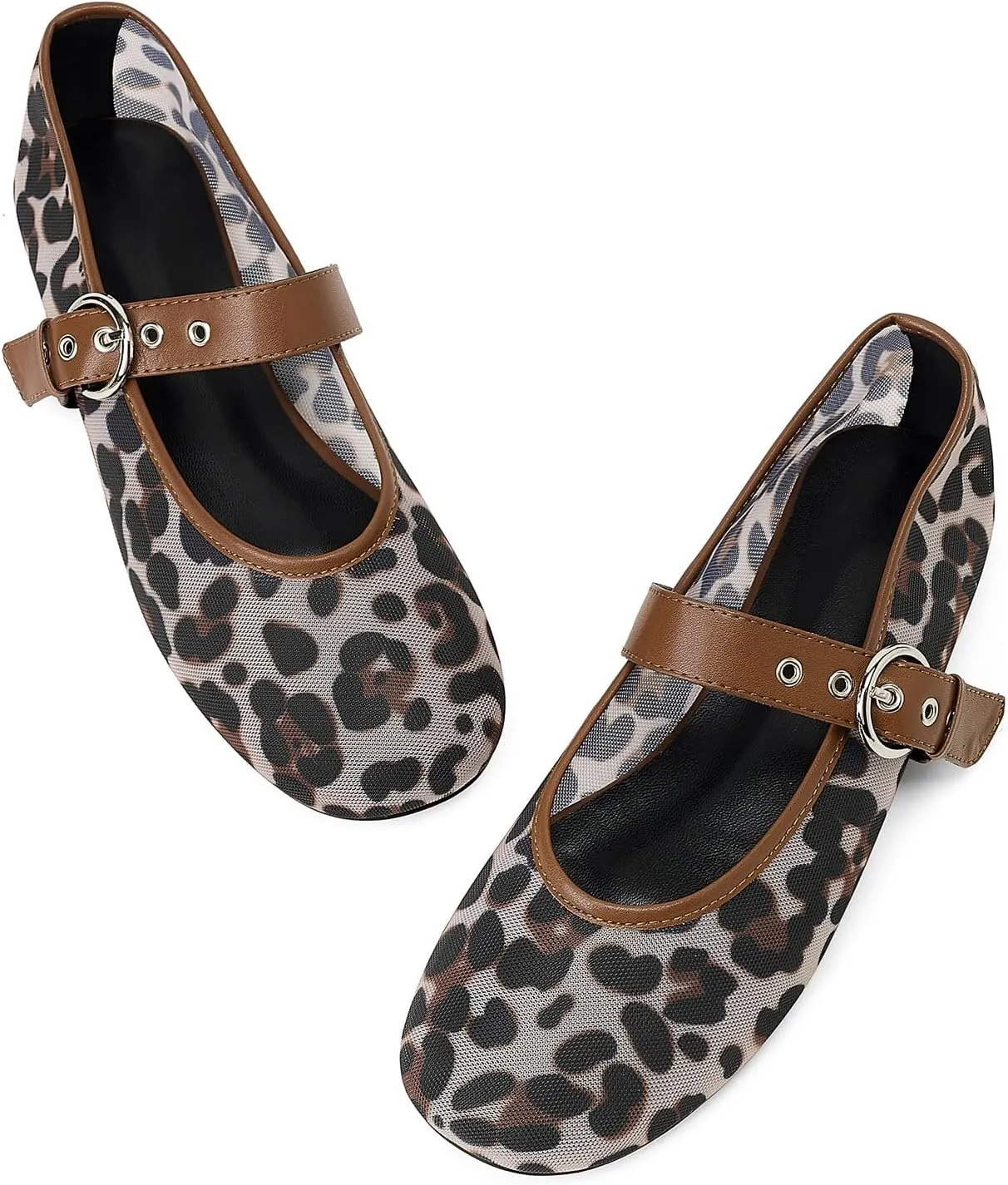 Leopard Mesh Mary Jane Ballet Flats for Women Slip On Round Toe Flats Women's Low Heel Ballerina Shoes Buckle Strap Casual Comfortable Dress Shoes