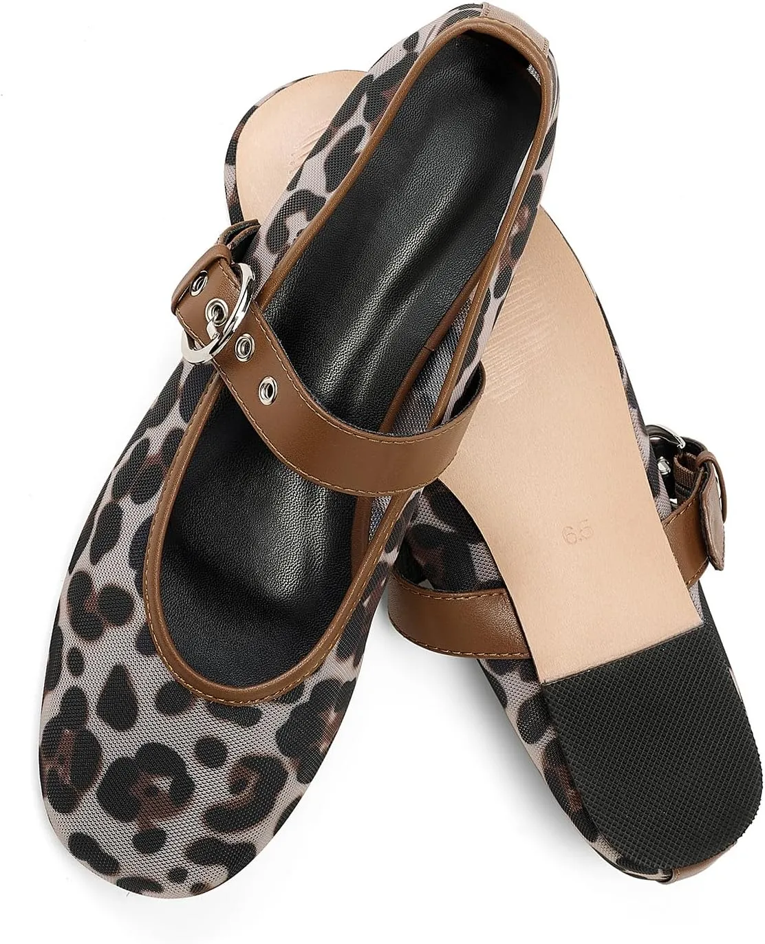 Leopard Mesh Mary Jane Ballet Flats for Women Slip On Round Toe Flats Women's Low Heel Ballerina Shoes Buckle Strap Casual Comfortable Dress Shoes