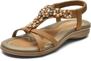 Littleplum Sandals Women Flat Dressy Sandal Summer Comfortable Slip-on Casual Beach Shoes Dress Bohemian Ankle Elastic Flats Sandals