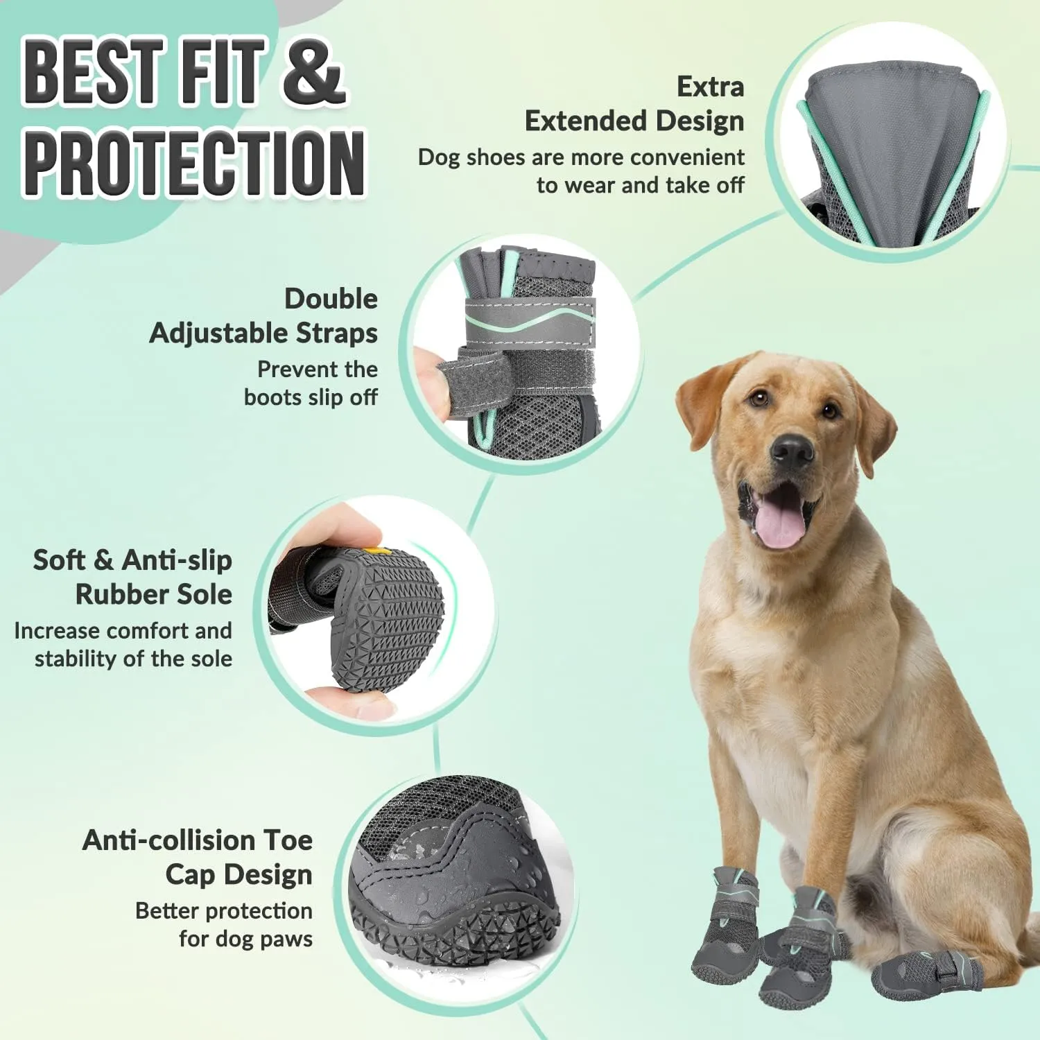 Lukovee Dog Booties, Breathable Dog Shoes for Large Medium Small Dogs Summer Hot Pavement, Adjustable Non-Slip Rubber Paw Protector for Hardwood Floors Outdoor Walking Hiking(GY, Size6)