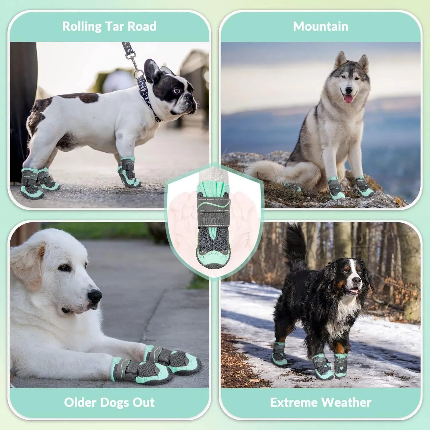 Lukovee Dog Booties, Waterproof Dog Shoes for Large Medium Small Dogs Summer Hot Pavement, Adjustable Non-Slip Rubber Paw Protector for Hardwood Floors Outdoor Walking Hiking(Green,Size 1)