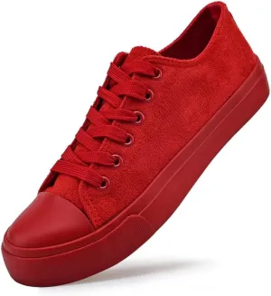 LUMUBBY Women's Canvas Fashion Sneakers, Red, Casual, Walking, Flat Sole, Lace-Up, All Seasons