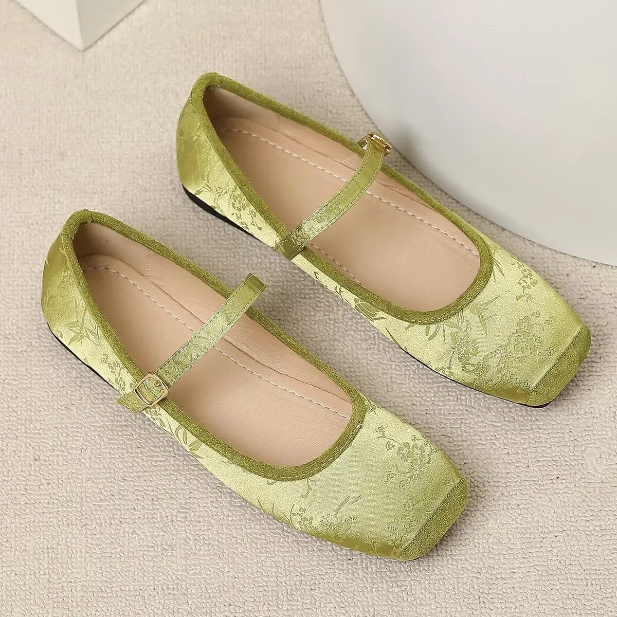 LUXINYU Mary Jane Shoes for Women Dressy Square Toe Buckle Ankle Strap Flower Pattern Satin Upper Ballet Flats Comfortable Work Flats Daily Dress Shoes