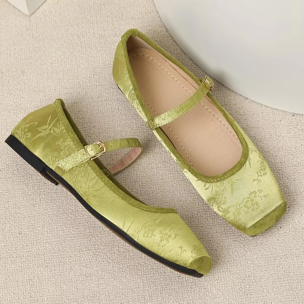 LUXINYU Mary Jane Shoes for Women Dressy Square Toe Buckle Ankle Strap Flower Pattern Satin Upper Ballet Flats Comfortable Work Flats Daily Dress Shoes