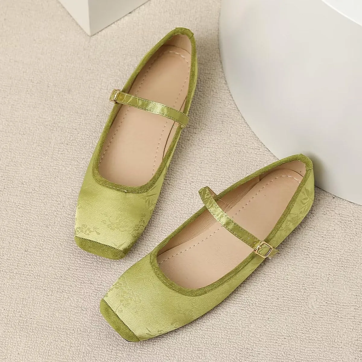 LUXINYU Mary Jane Shoes for Women Dressy Square Toe Buckle Ankle Strap Flower Pattern Satin Upper Ballet Flats Comfortable Work Flats Daily Dress Shoes
