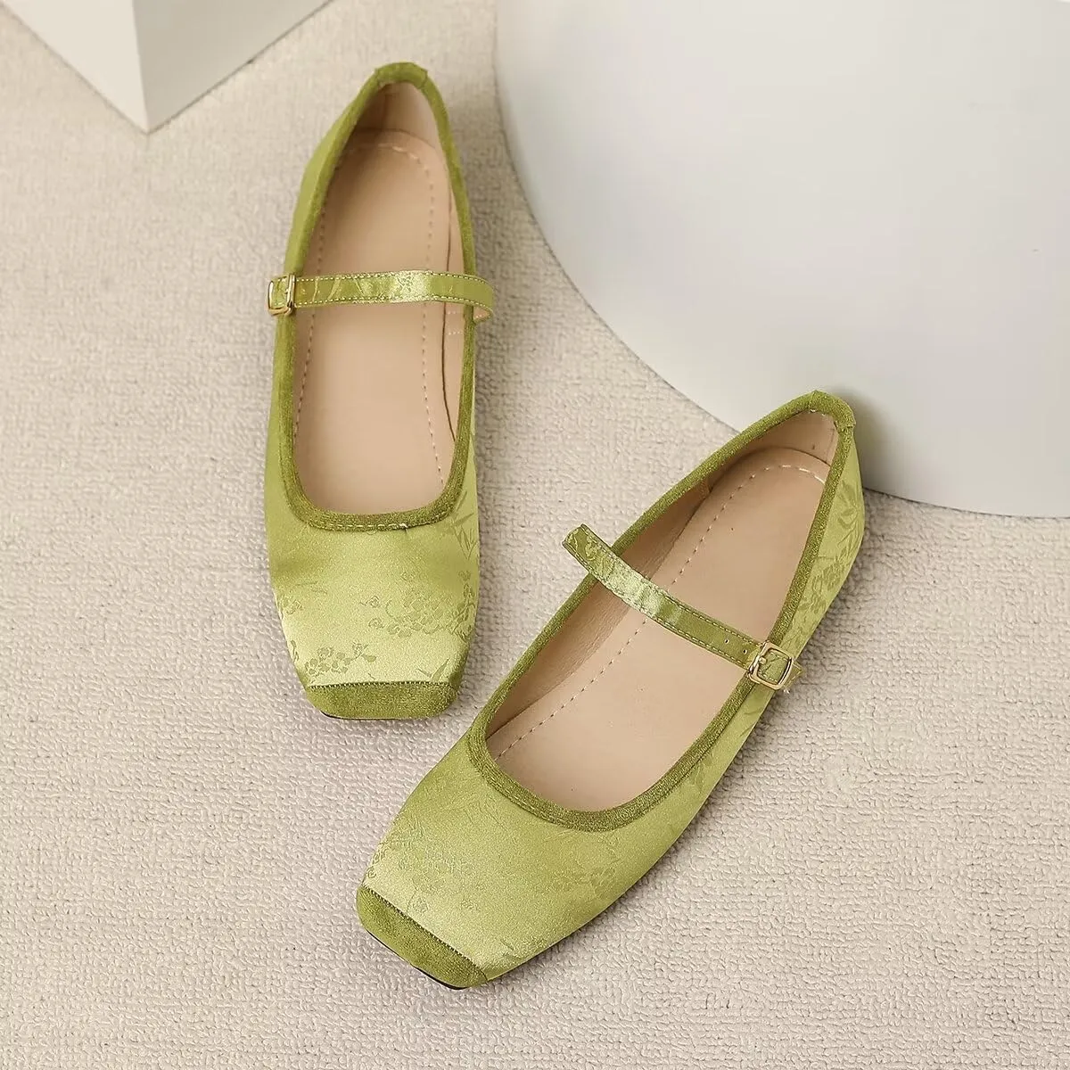 LUXINYU Mary Jane Shoes for Women Dressy Square Toe Buckle Ankle Strap Flower Pattern Satin Upper Ballet Flats Comfortable Work Flats Daily Dress Shoes