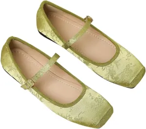 LUXINYU Mary Jane Shoes for Women Dressy Square Toe Buckle Ankle Strap Flower Pattern Satin Upper Ballet Flats Comfortable Work Flats Daily Dress Shoes