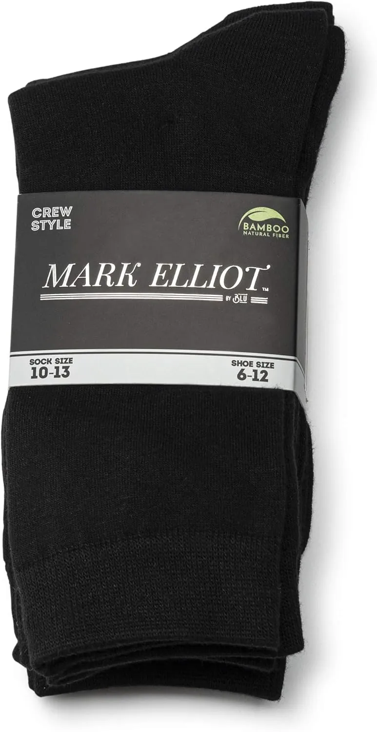 Mark Elliot Black Ribbed Crew Size Bamboo Dress Socks Natural Fiber, Highly Durable, Odor-Free (Size 10-13, Shoe Size 6-12)