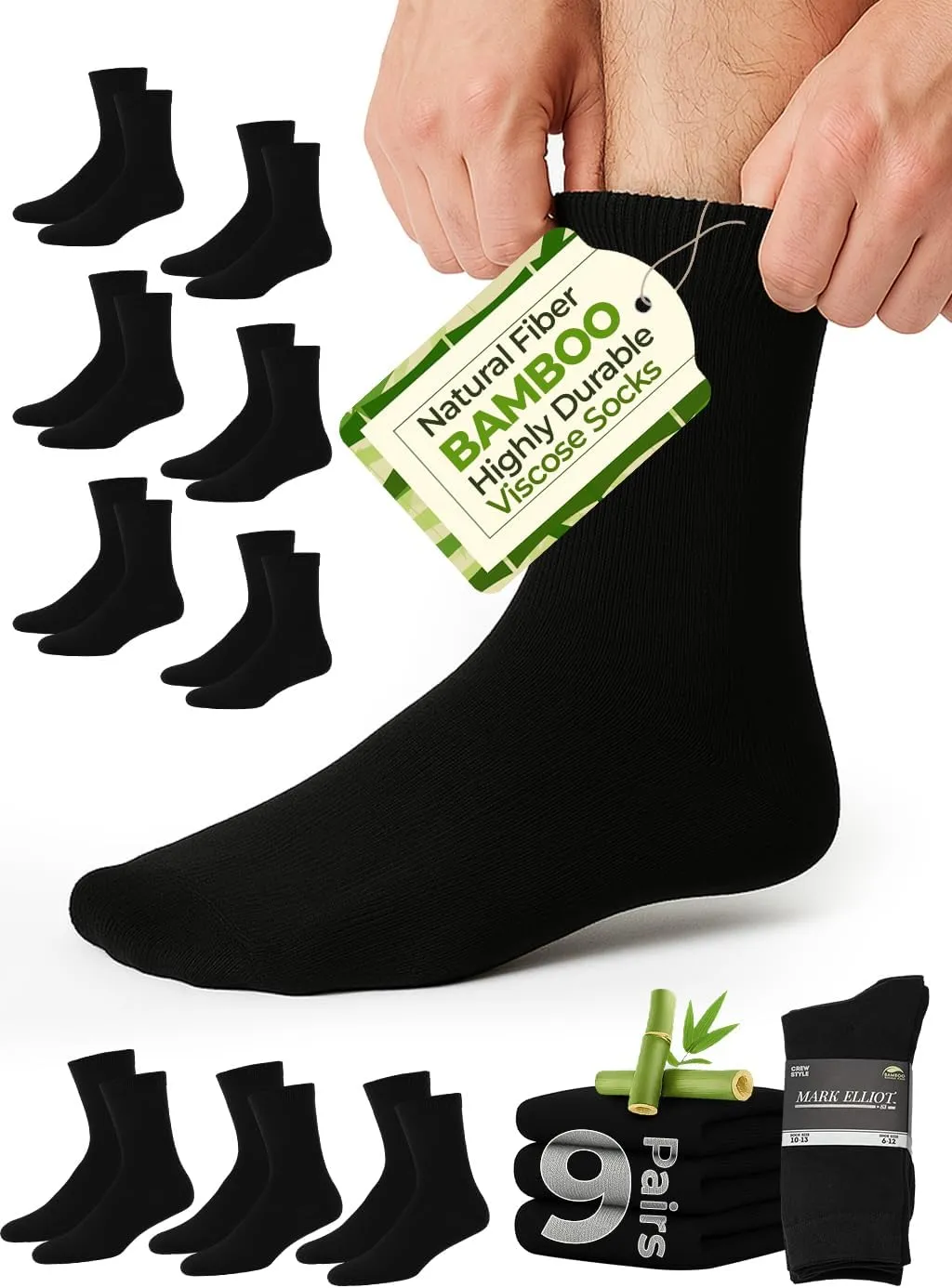 Mark Elliot Black Ribbed Crew Size Bamboo Dress Socks Natural Fiber, Highly Durable, Odor-Free (Size 10-13, Shoe Size 6-12)