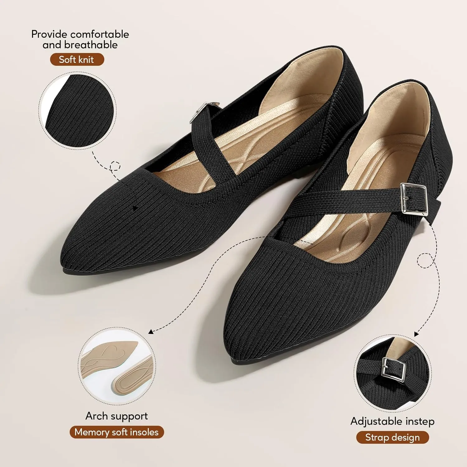 Mary Jane Flats Shoes Women Pointed Toe Ballet Flats Dressy Flats for Women Knit Flats Comfort Breathable Lightweight Washable Flats Shoes