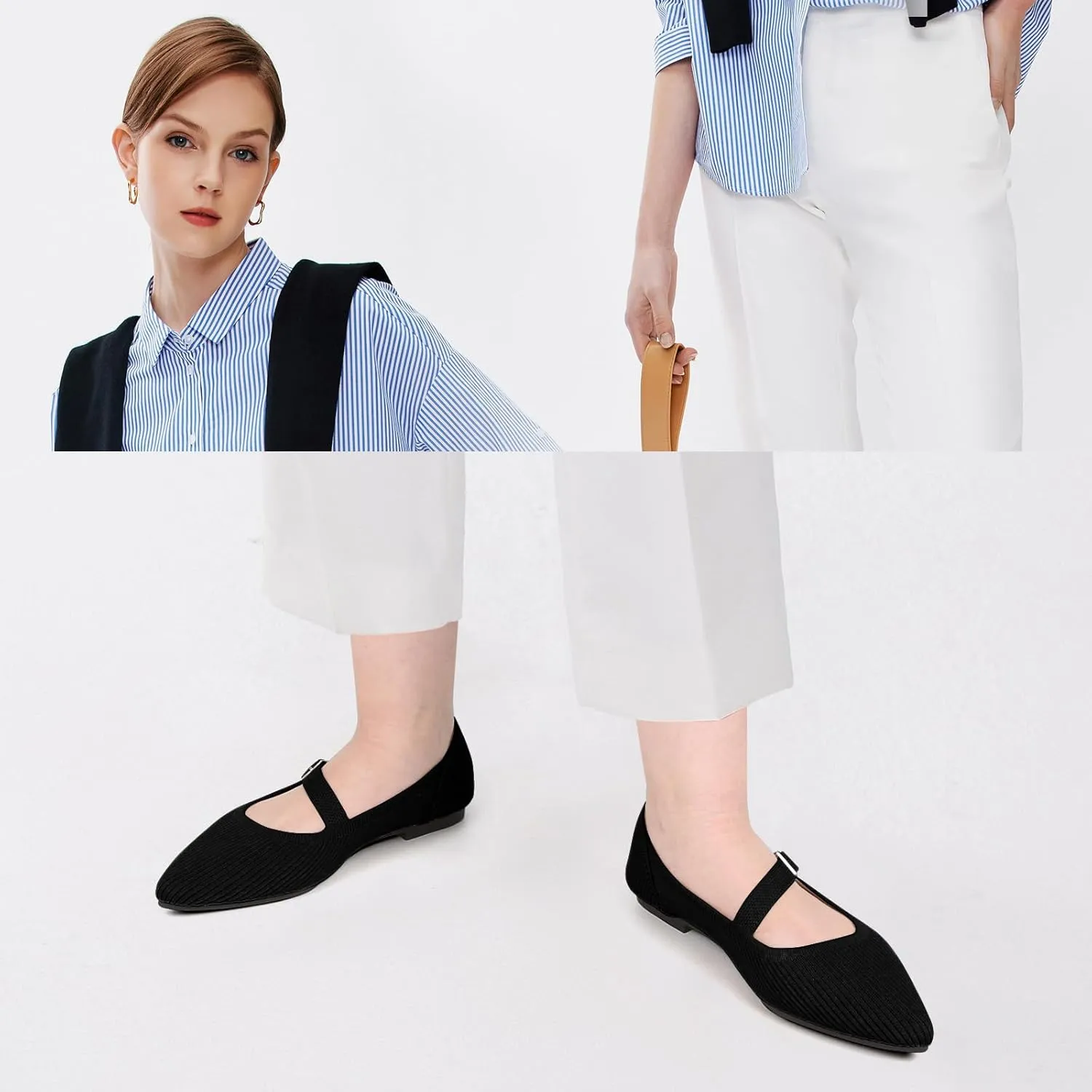 Mary Jane Flats Shoes Women Pointed Toe Ballet Flats Dressy Flats for Women Knit Flats Comfort Breathable Lightweight Washable Flats Shoes