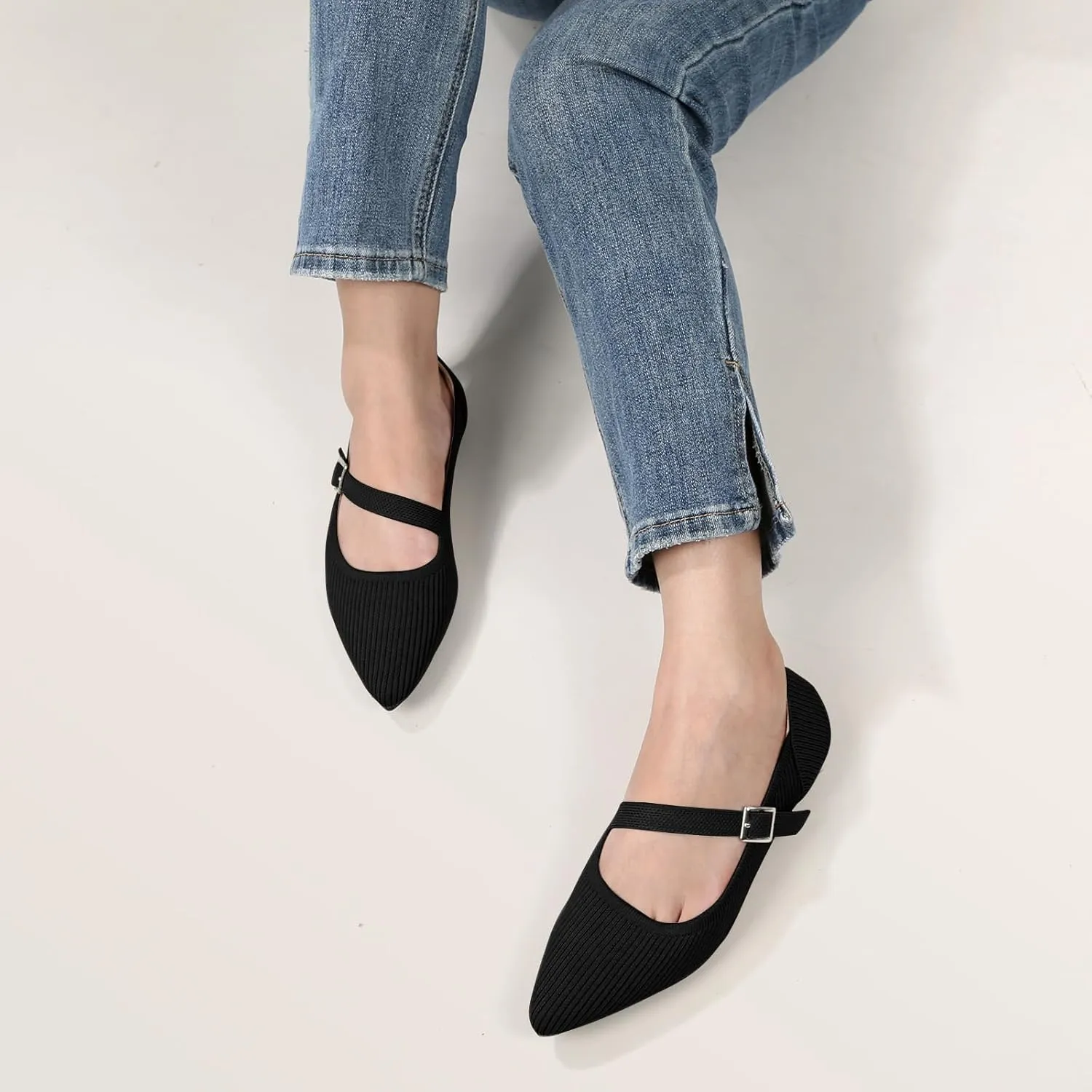 Mary Jane Flats Shoes Women Pointed Toe Ballet Flats Dressy Flats for Women Knit Flats Comfort Breathable Lightweight Washable Flats Shoes