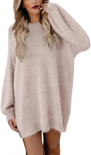 Meenew Women's Furry Pullover Sweater Dress Loose Oversized Long Knitted Tops