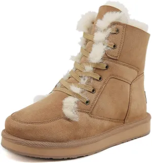 Mel&Syd Sheepskin Snow Boots for Womens Mens Mid Calf Flat Slip On Combat Boots Genuine Shearling Leather Classic Lace up/Hook Adjustable Buckle Fur Winter Shoes Booties Chestnut 9#
