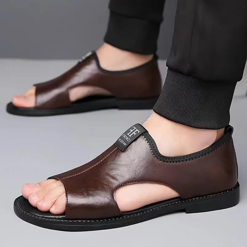 Men's Casual Slip-On Sandals - Black Open Toe Shoes with Rubber Sole, Comfortable for Spring/Summer Outdoor Wear, Strappy Sandals