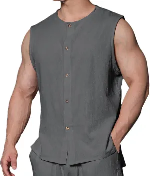 Men's Cotton Linen Tabk Tops Casual Sleeveless Crewneck Button Tee Shirts Summer Fashion Lightweight Sport Beach Top