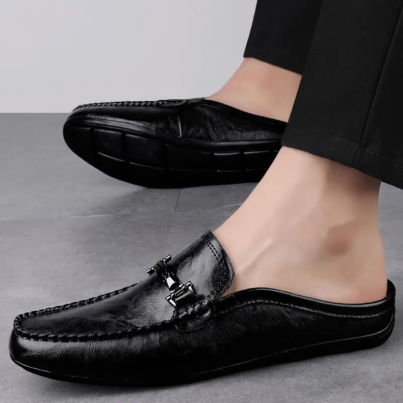 Men's Leather Slip-On Loafers, Half Shoes,Backless Moccasin, Casual Driving Shoes, Brown, Black