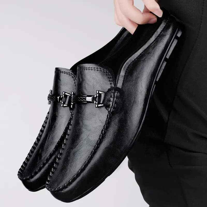 Men's Leather Slip-On Loafers, Half Shoes,Backless Moccasin, Casual Driving Shoes, Brown, Black