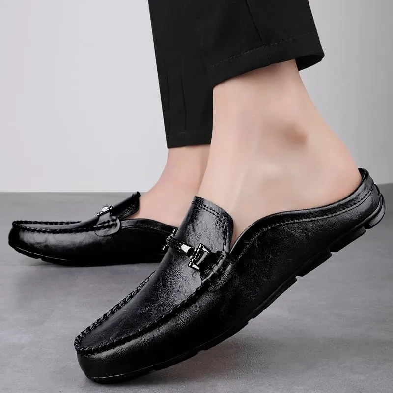 Men's Leather Slip-On Loafers, Half Shoes,Backless Moccasin, Casual Driving Shoes, Brown, Black