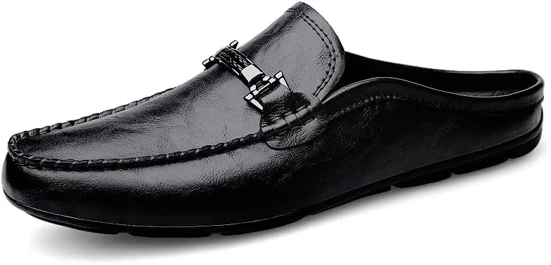 Men's Leather Slip-On Loafers, Half Shoes,Backless Moccasin, Casual Driving Shoes, Brown, Black