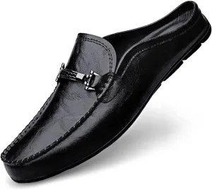 Men's Leather Slip-On Loafers, Half Shoes,Backless Moccasin, Casual Driving Shoes, Brown, Black