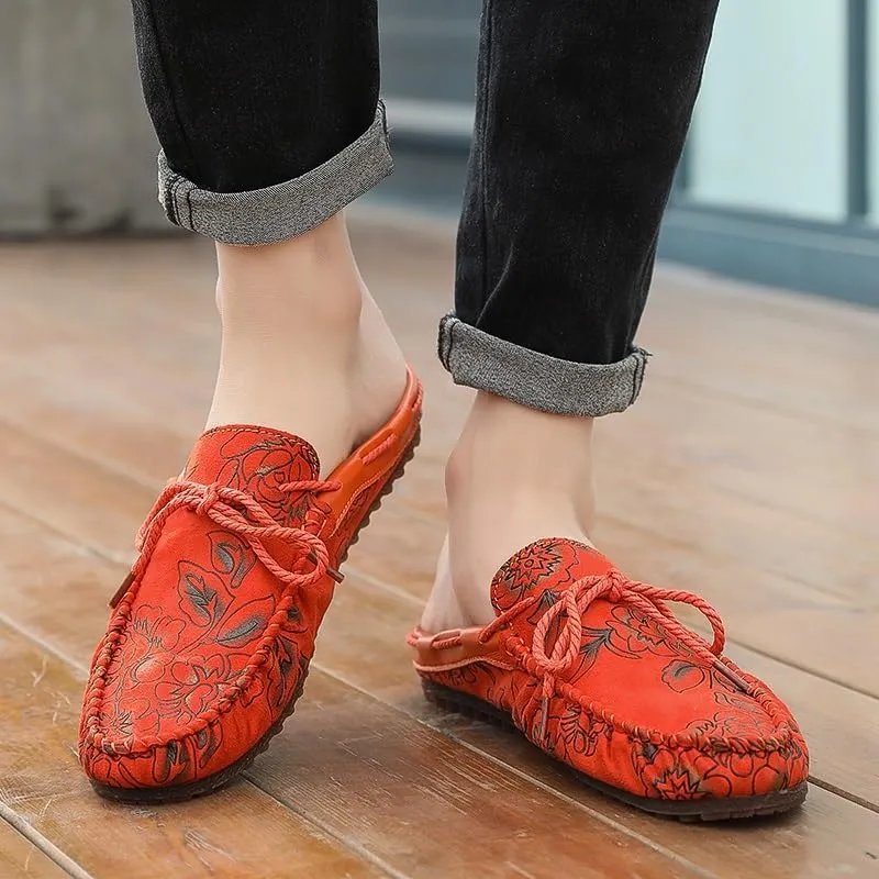 Mens Loafers Floral Vegan Leather Half Moccasins Loafers Shoes Anti-Slip Lightweight Comfortable Fashion Wedding Slip-ons