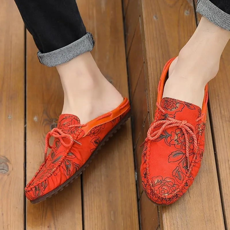 Mens Loafers Floral Vegan Leather Half Moccasins Loafers Shoes Anti-Slip Lightweight Comfortable Fashion Wedding Slip-ons