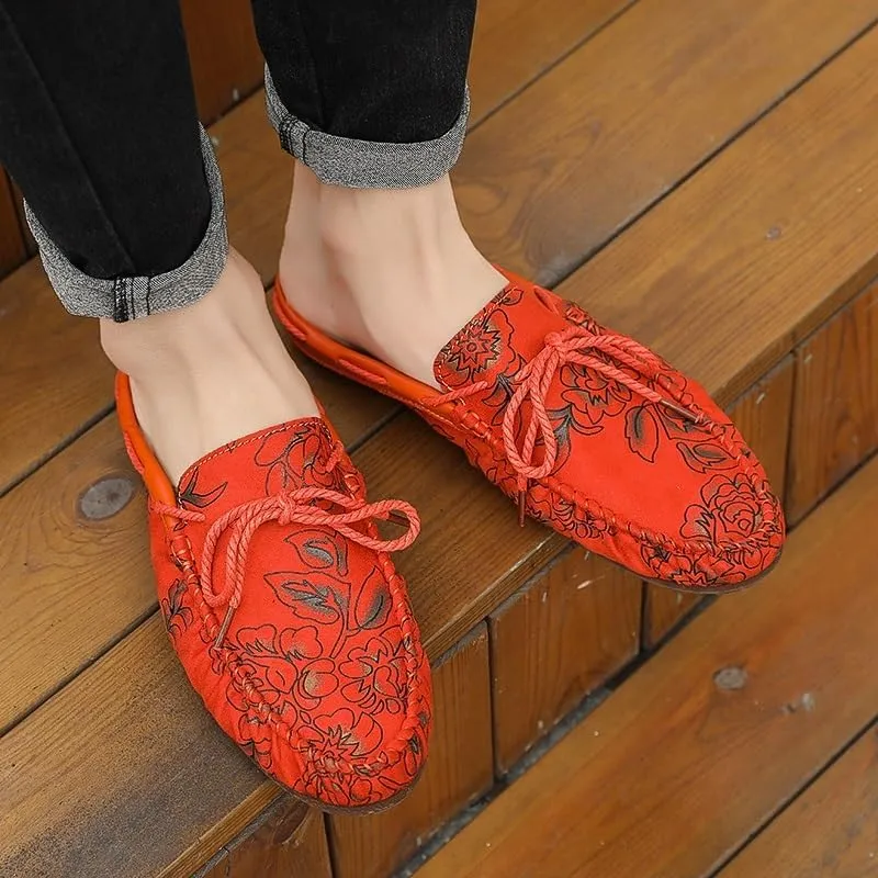 Mens Loafers Floral Vegan Leather Half Moccasins Loafers Shoes Anti-Slip Lightweight Comfortable Fashion Wedding Slip-ons