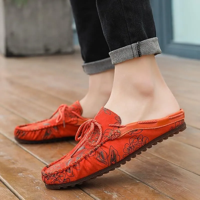 Mens Loafers Floral Vegan Leather Half Moccasins Loafers Shoes Anti-Slip Lightweight Comfortable Fashion Wedding Slip-ons