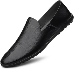 Mens Loafers Shoe Round Toe PU Leather Crocodile Print Smoking Shoes Flexible Slip Resistant Anti-Slip Casual Slip-on