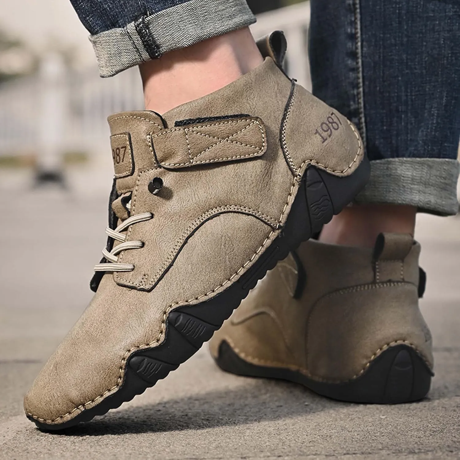 Men's Premium Cowhide Leather Walking Shoes, Mid Top, Casual Sneakers, Flat Driving Shoes, Hand Sewn, Comfortable, Soft, Non-Slip, Durable, Suitable for All Seasons.