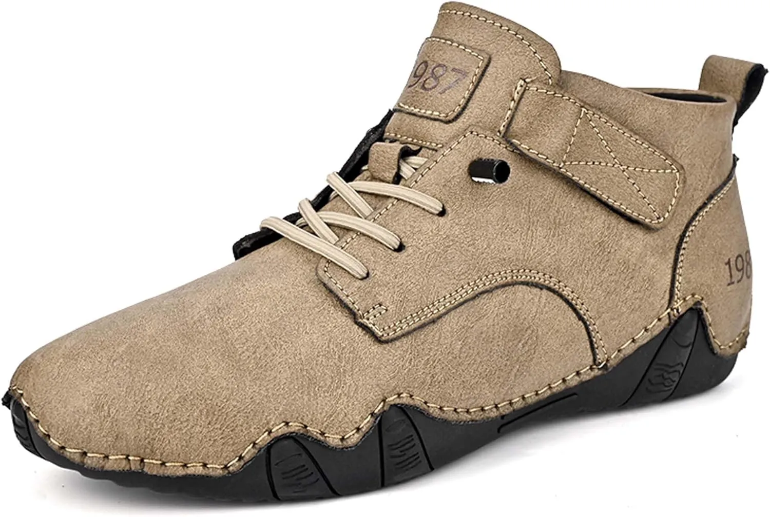 Men's Premium Cowhide Leather Walking Shoes, Mid Top, Casual Sneakers, Flat Driving Shoes, Hand Sewn, Comfortable, Soft, Non-Slip, Durable, Suitable for All Seasons.
