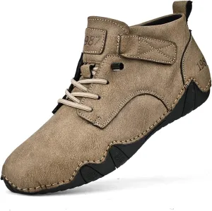 Men's Premium Cowhide Leather Walking Shoes, Mid Top, Casual Sneakers, Flat Driving Shoes, Hand Sewn, Comfortable, Soft, Non-Slip, Durable, Suitable for All Seasons.