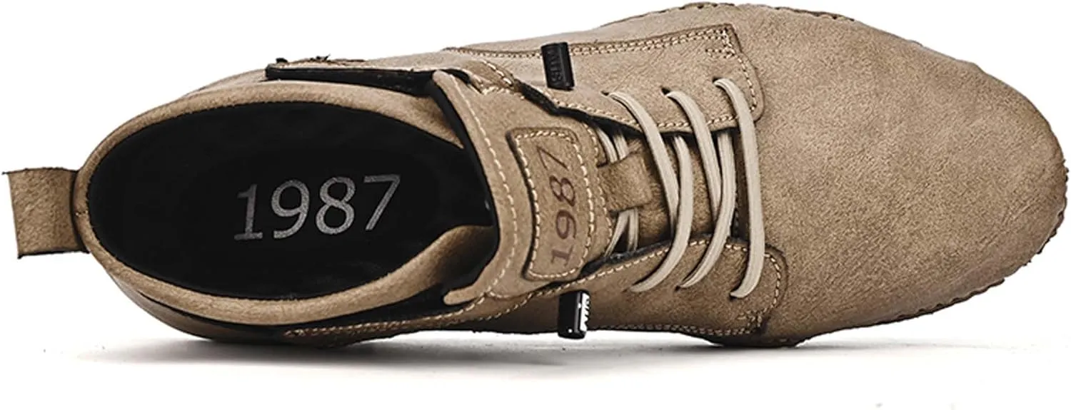 Men's Premium Cowhide Leather Walking Shoes, Mid Top, Casual Sneakers, Flat Driving Shoes, Hand Sewn, Comfortable, Soft, Non-Slip, Durable, Suitable for All Seasons.