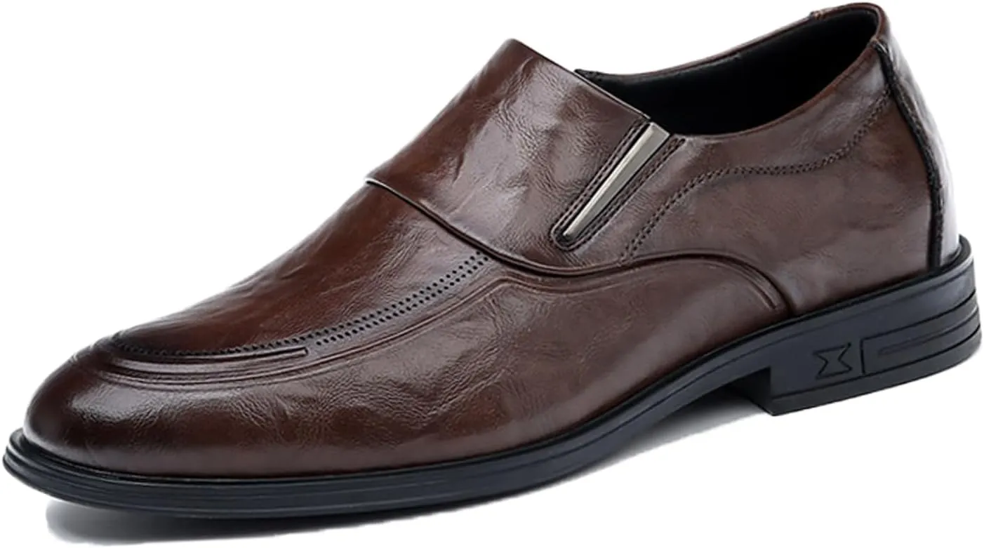 Men's Retro Leather Slip on Loafers Casual Business Dress Shoes Classic Comfortable Side Elastic Band Low top Anti-Slip Oxford Business Work Shoes