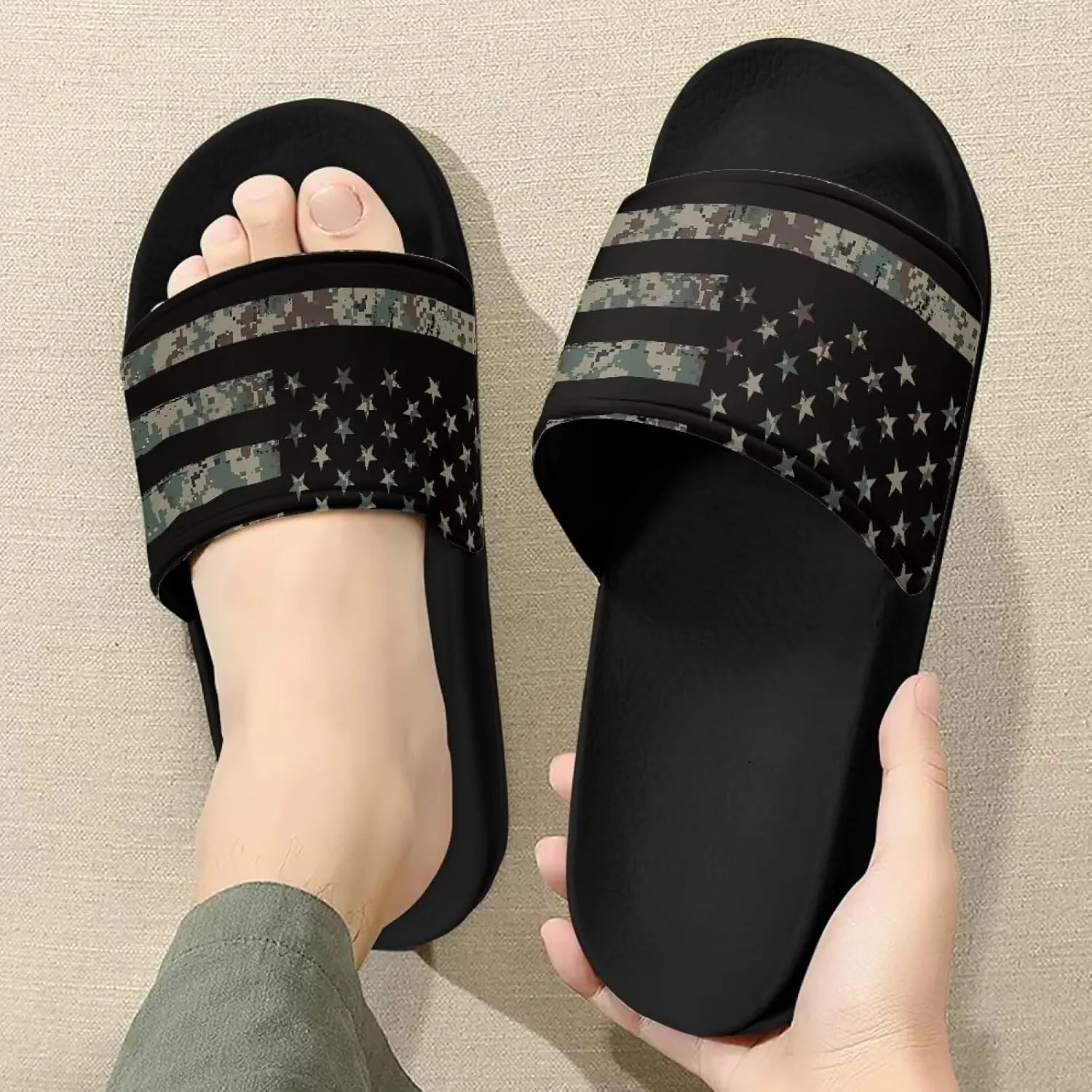 Men's Sandals Slides Non-Slip Slippers Casual Black Sole Summer Shoes for College Dorm Gym Beach