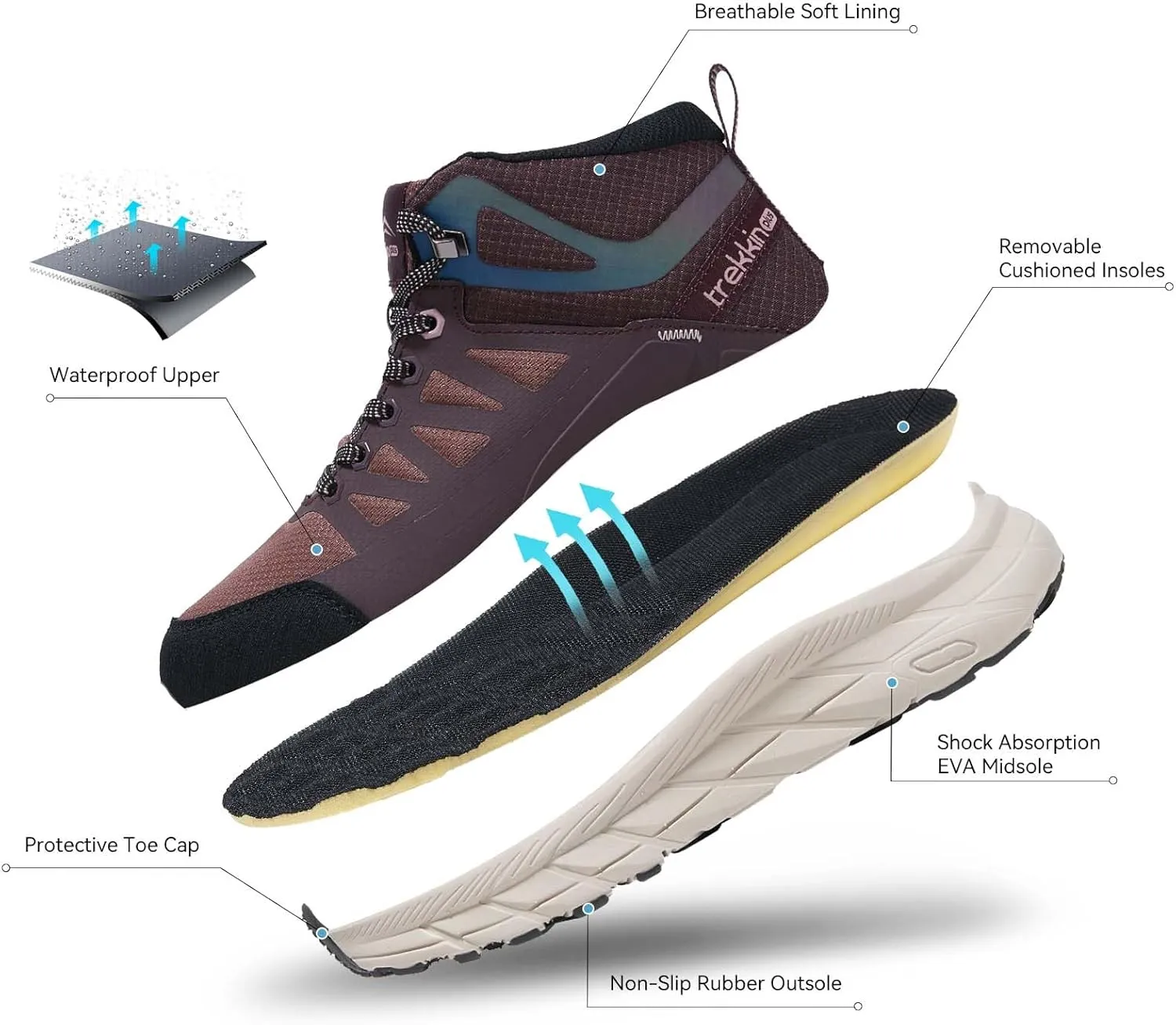 Men's Waterproof Shoes Hiking Trekking Trails Outdoor Lightweight Slip Resistant Cushion Sole Comfortable Work Shoes Walking Boot