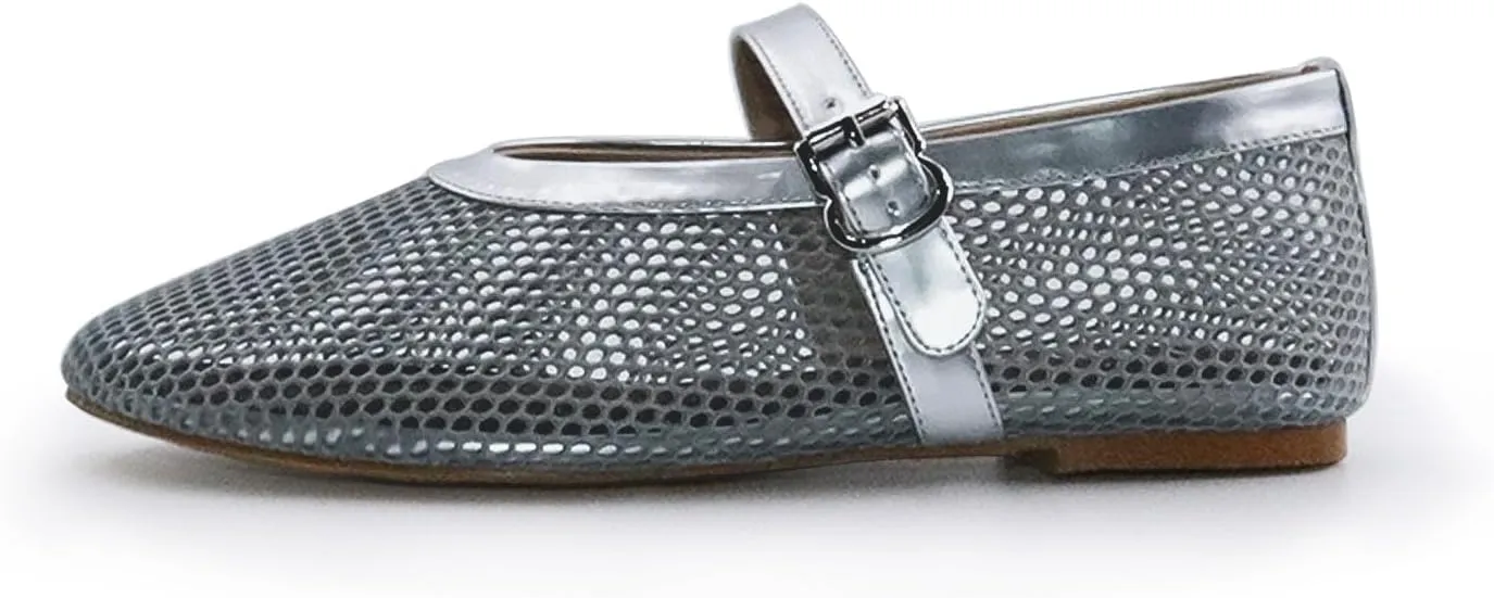 Mesh Ballet Flats for Women Round Toe Buckle Strap Comfy Casua Office Ballerina Mary Jane Flats Shoes