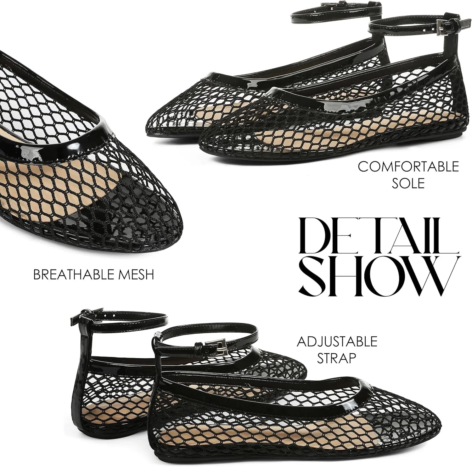 Mesh Ballet Flats for Women Round Toe Mesh Mary Jane Flats Breathable Mesh Ballerina Flats Casual Mesh Shoes Womens Office Comfortable Fishnet Flats
