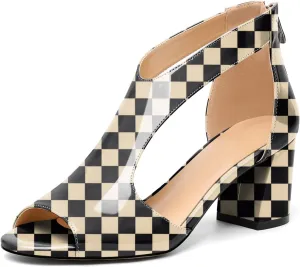 Mettesally Women's Peep Toe Sandals Block Chunky High Heels Hollow Out Heeled Wedding Party Back Zip Sandals Shoes