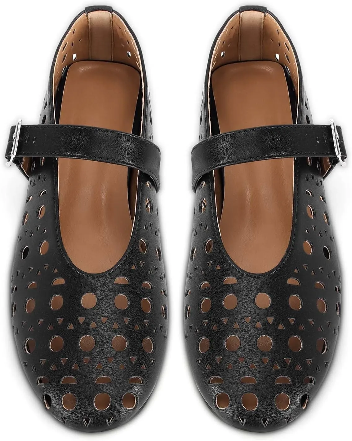 MICIFA Ballet Flats for Women with Buckle Strap Mesh Perforated Metal Studded Mary Jane Comfortable Ballerina Flat Shoes Metallic